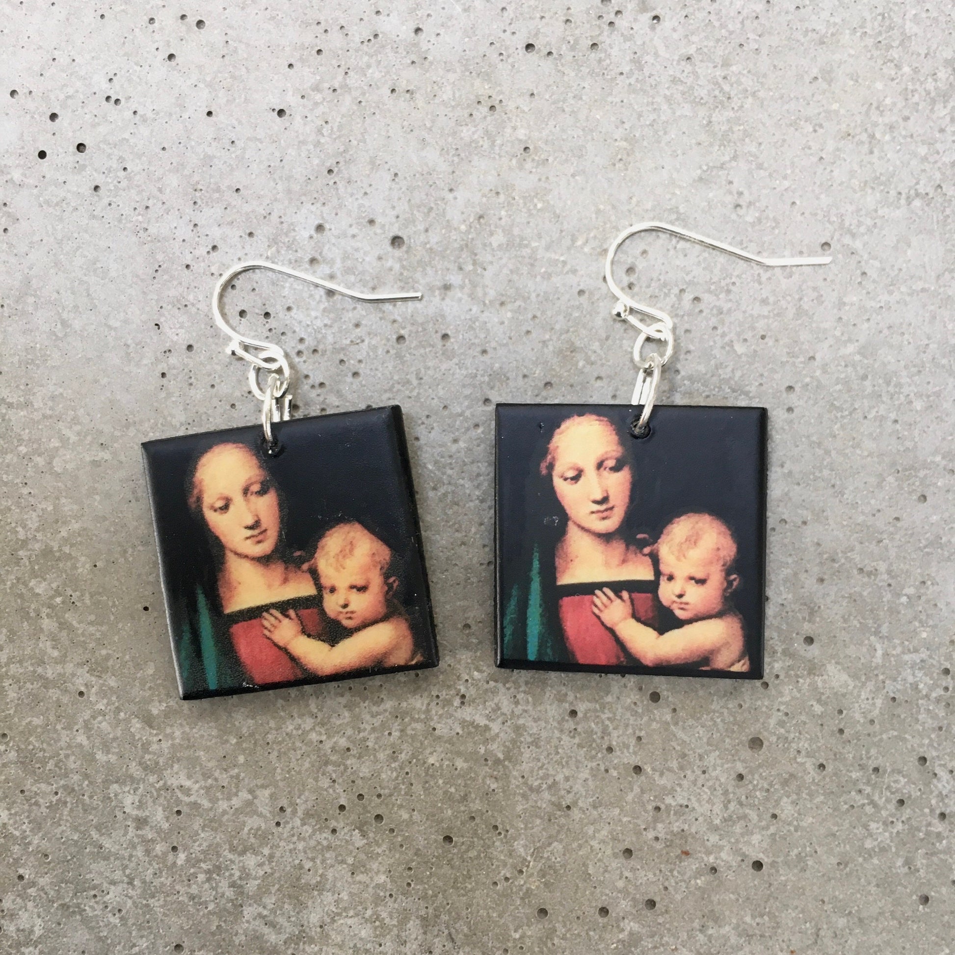 Museum-Inspired Sustainable Earrings Madonna with Child, Raphael art earrings Obljewellery