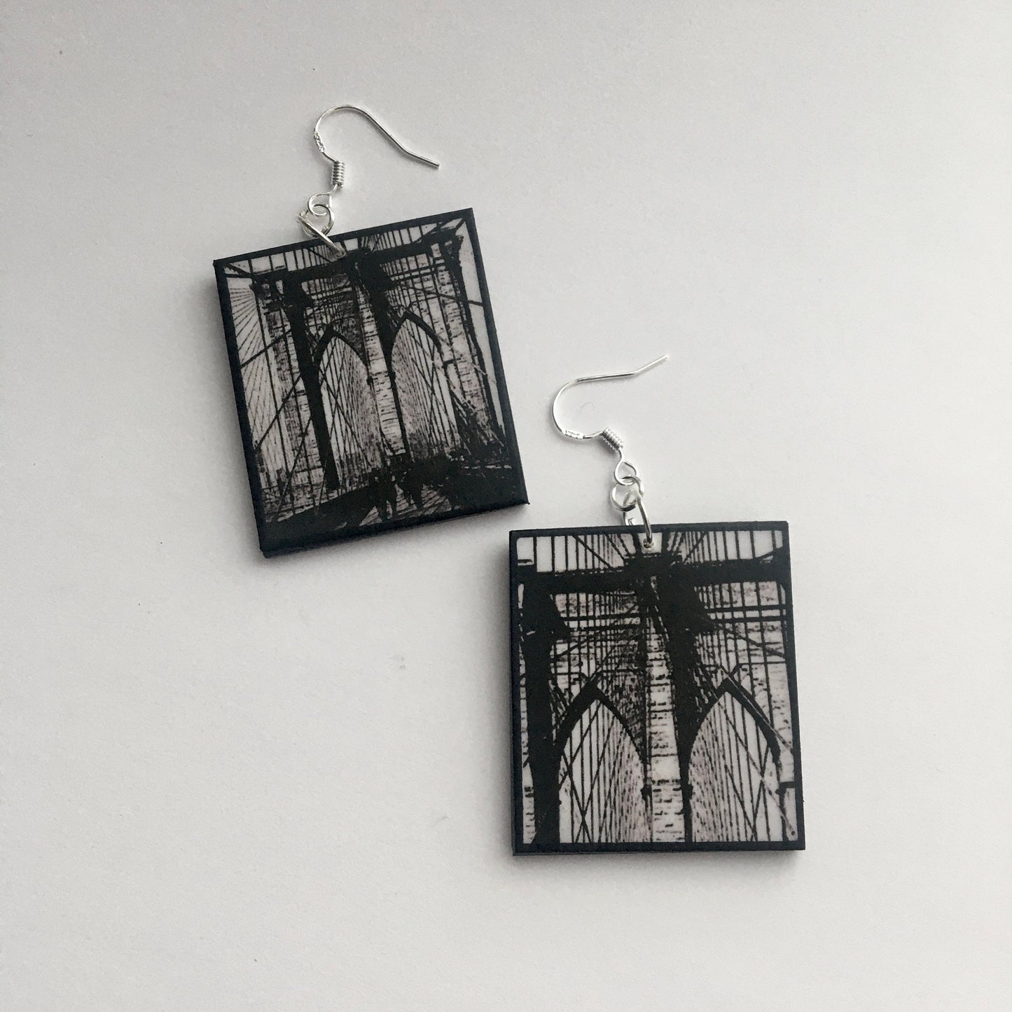 Brooklyn Bridge, artsy earrings gift. Sustainable wood and silver hooks.