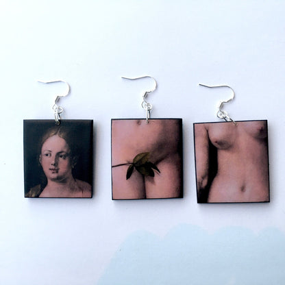 Albrech Durer inspired earrings, elegant details of Renaissance art sensual Eve. Sustainable jewellery by obljewellery.
