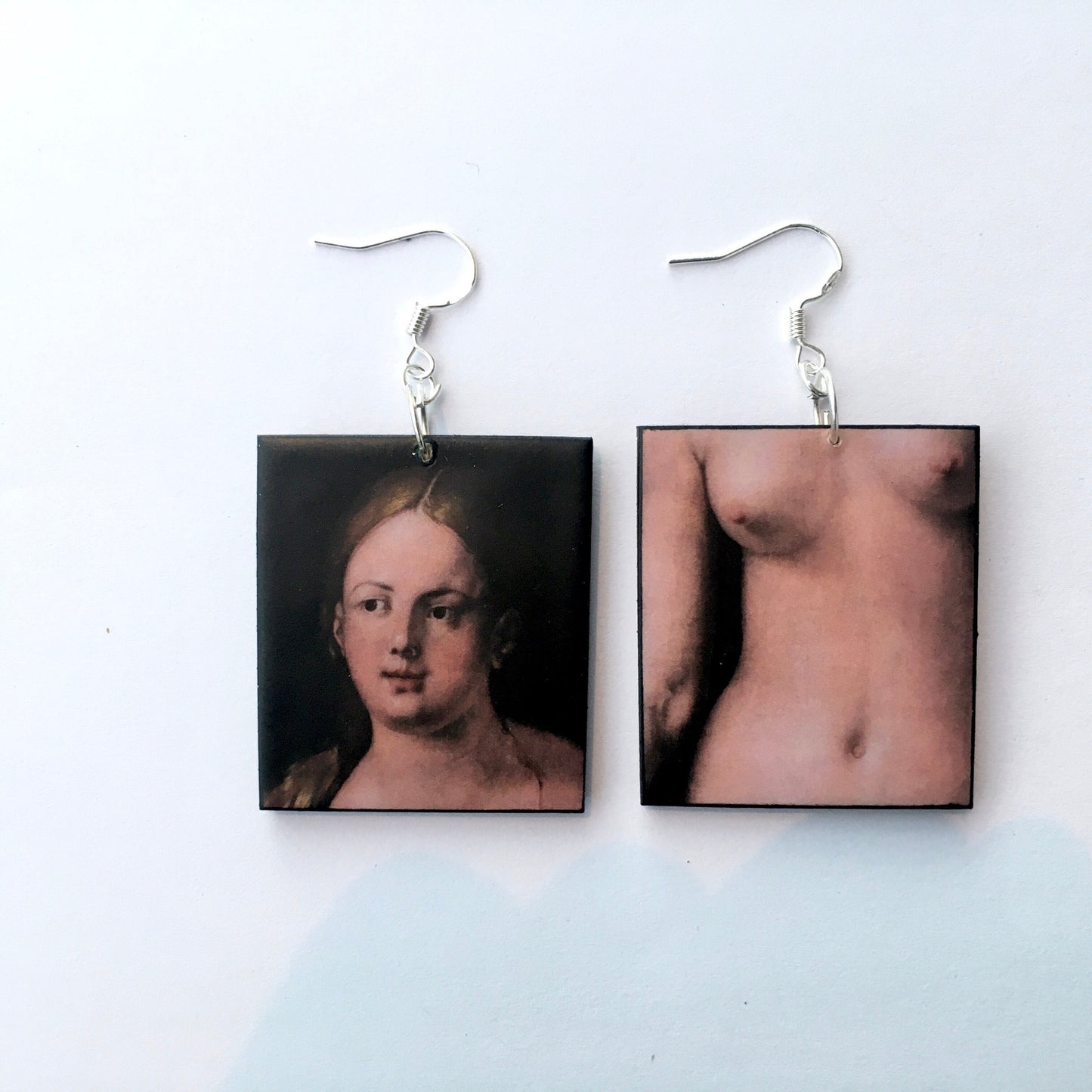 Albrecht Durer, Eve, gothic art style. Wooden, artsy earrings with details of Eve body, nude art earrings.