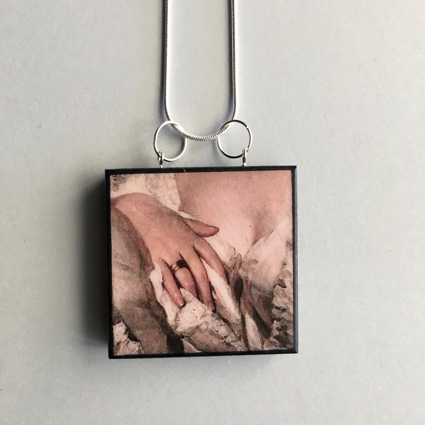 obljewellery Statement necklace 925 silver chain with wooden squared pendant inspired by  a sensual art detail of a hand take from a Neo Rococo painting “Portrait of a Lady” by German artist Franz Xaver Winterhalter.  