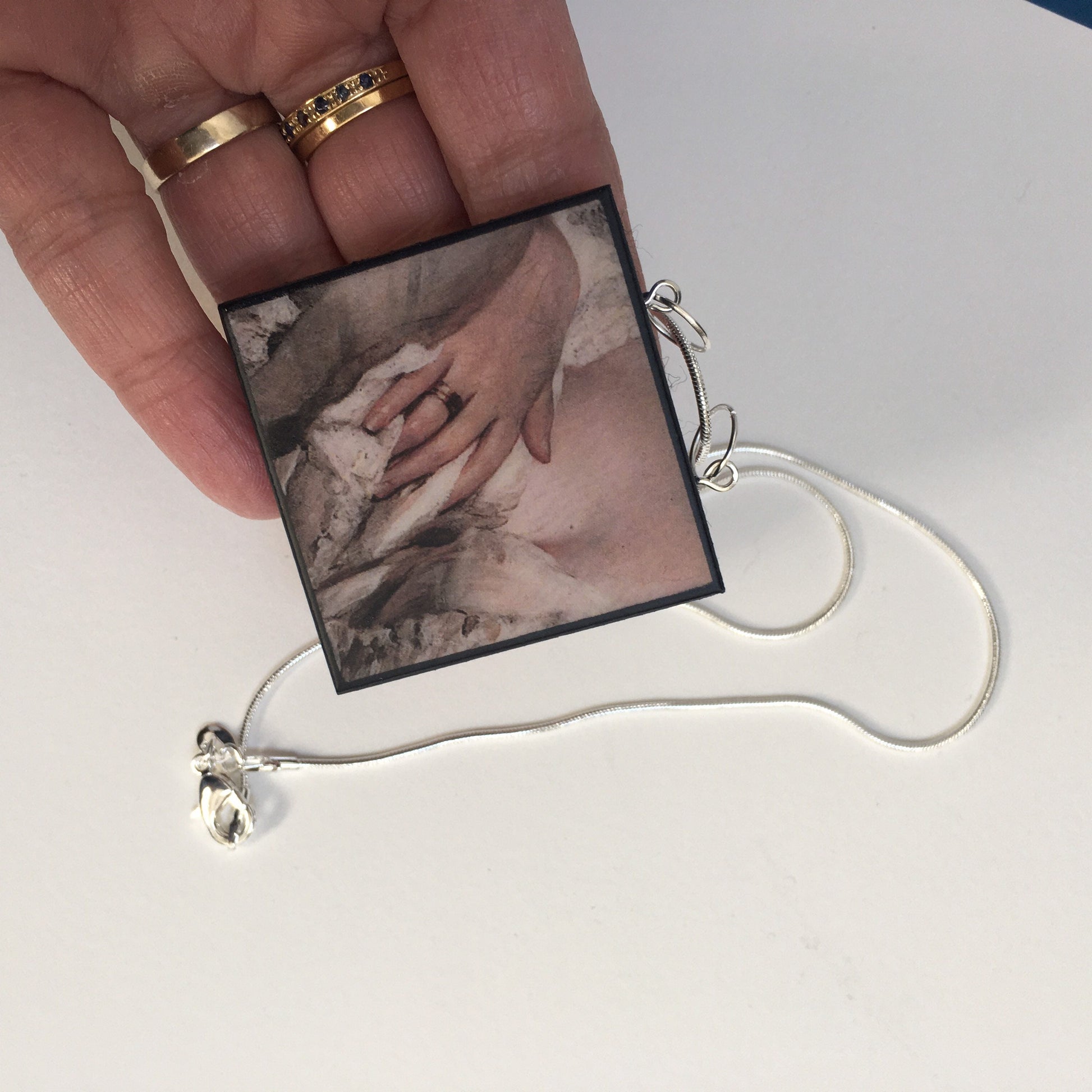 obljewellery Statement necklace 925 silver chain with wooden squared pendant inspired by  a sensual art detail of a hand take from a Neo Rococo painting “Portrait of a Lady” by German artist Franz Xaver Winterhalter.  