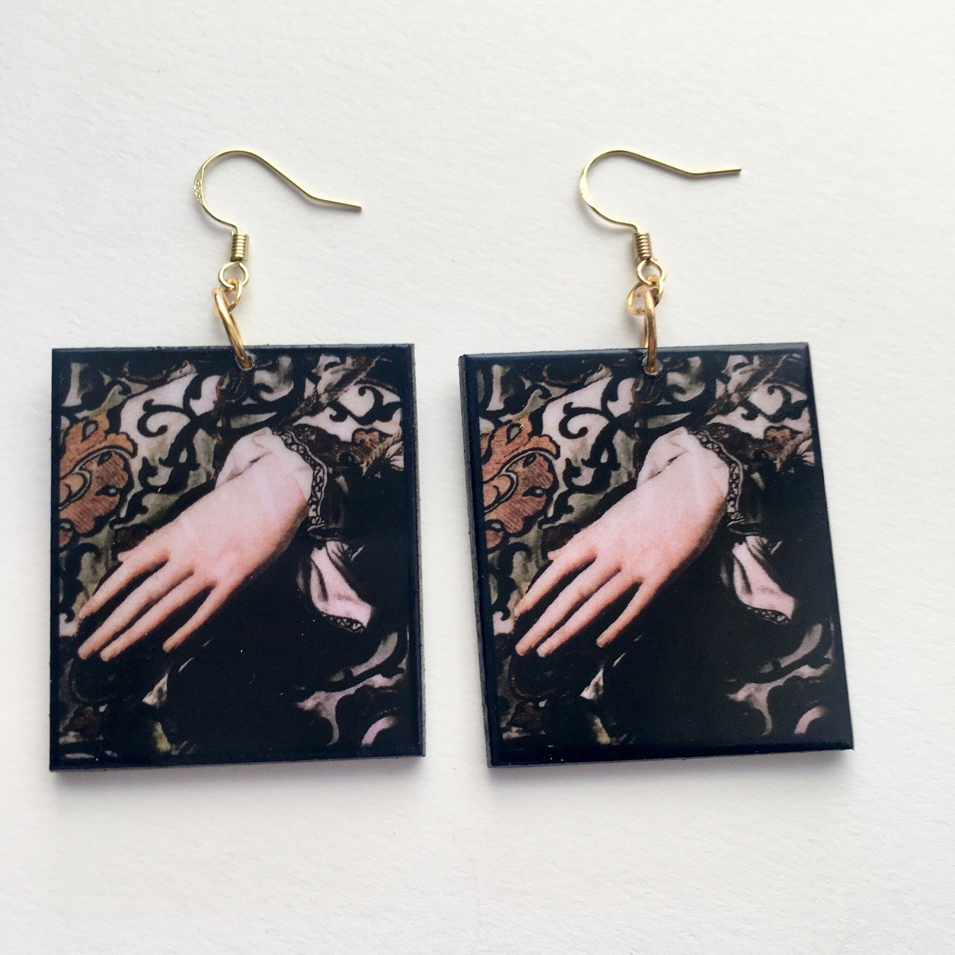 Agnolo Bronzino inspired earrings, elegant details of Renaissance art dress. Sustainable jewellery by obljewellery.