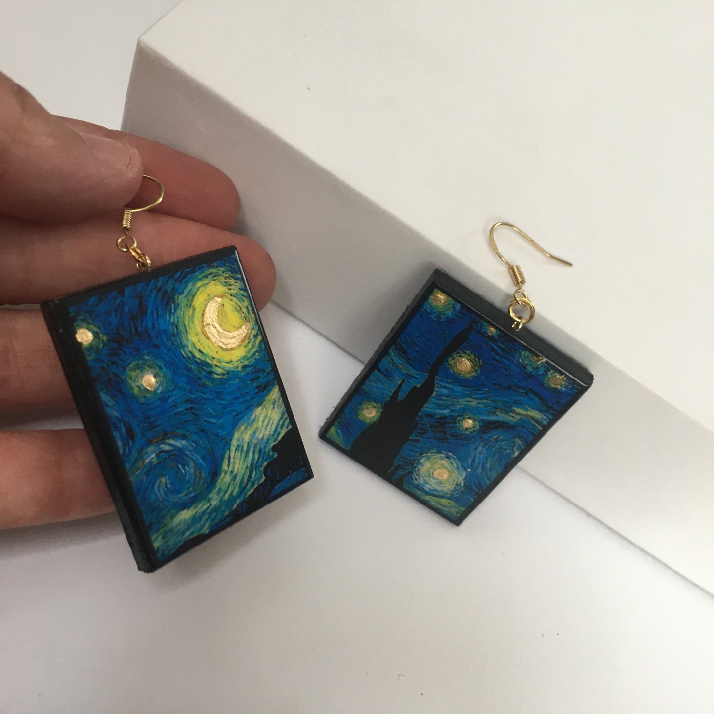 Museum-Inspired Sustainable Earrings Van Gogh Golden Details Art Earrings. Sustainable wood and sterling silver. Obljewellery