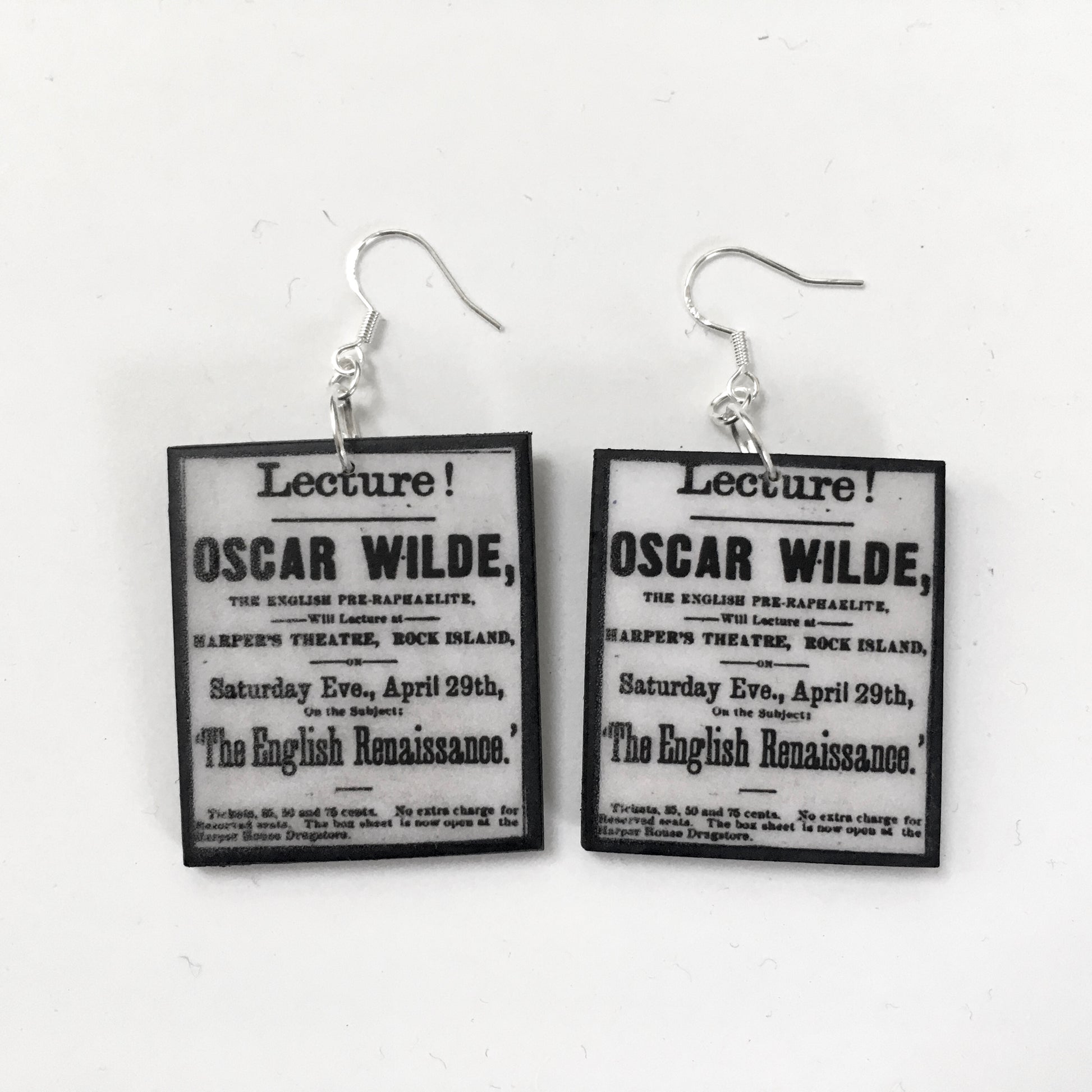 Oscar Wild at Harper's Theatre, newspaper art earrings. Pre Raphaelites, English Renaissance written on front of the black and white artsy earrings handmade by Obljewellery.