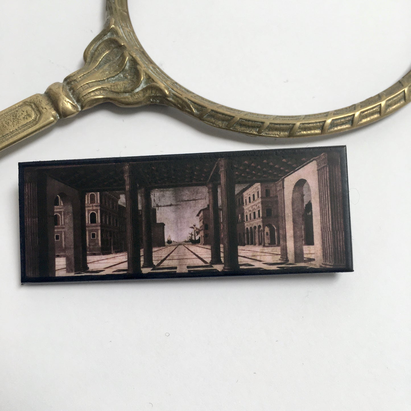The Ideal City, Berlin Renaissance art brooch on sustainable wood. Aesthetic jewellery inspired by the Italian architectonical art. Artsy gift for men and woman.
