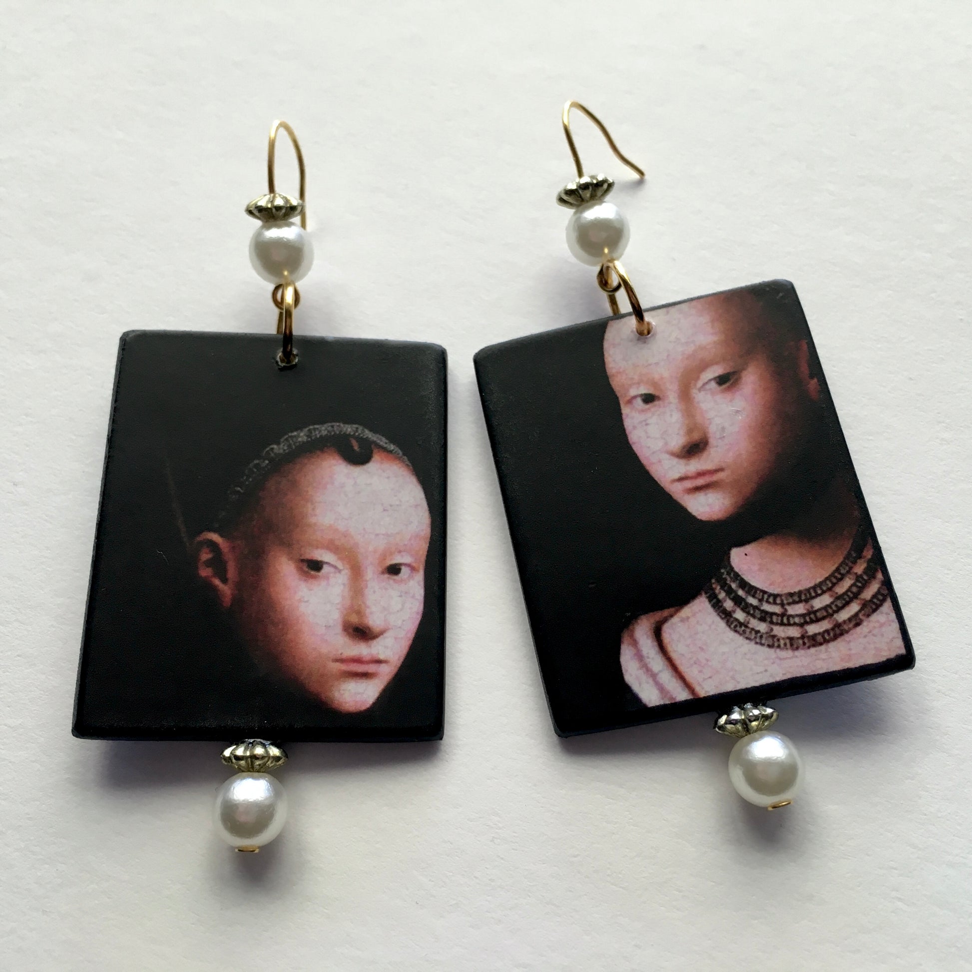 Petrus Christus art earrings handmade from sustainable wood with pearls. Renaissance portrait detail.