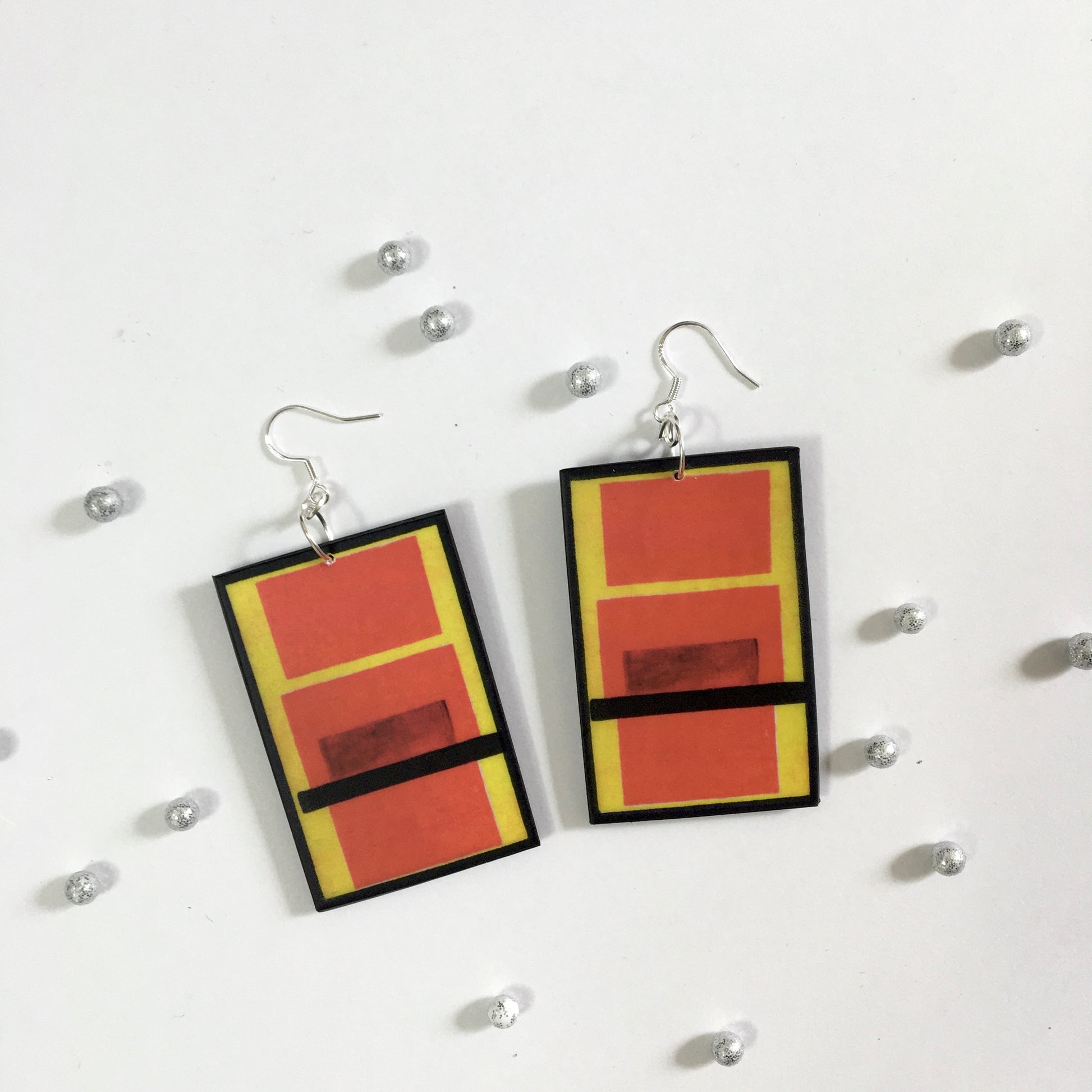 Obljewellery is inspired by the yellow and orange painting by the artist Olga Razanova. Suprematism art earrings on sustainable wood with sterling silver hooks. Uncommon artsy gift. 