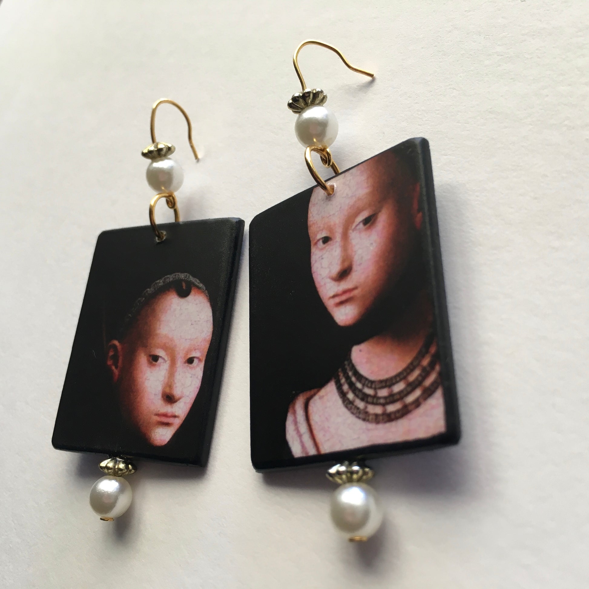 Petrus Christus art earrings handmade from sustainable wood with pearls. Renaissance portrait detail.