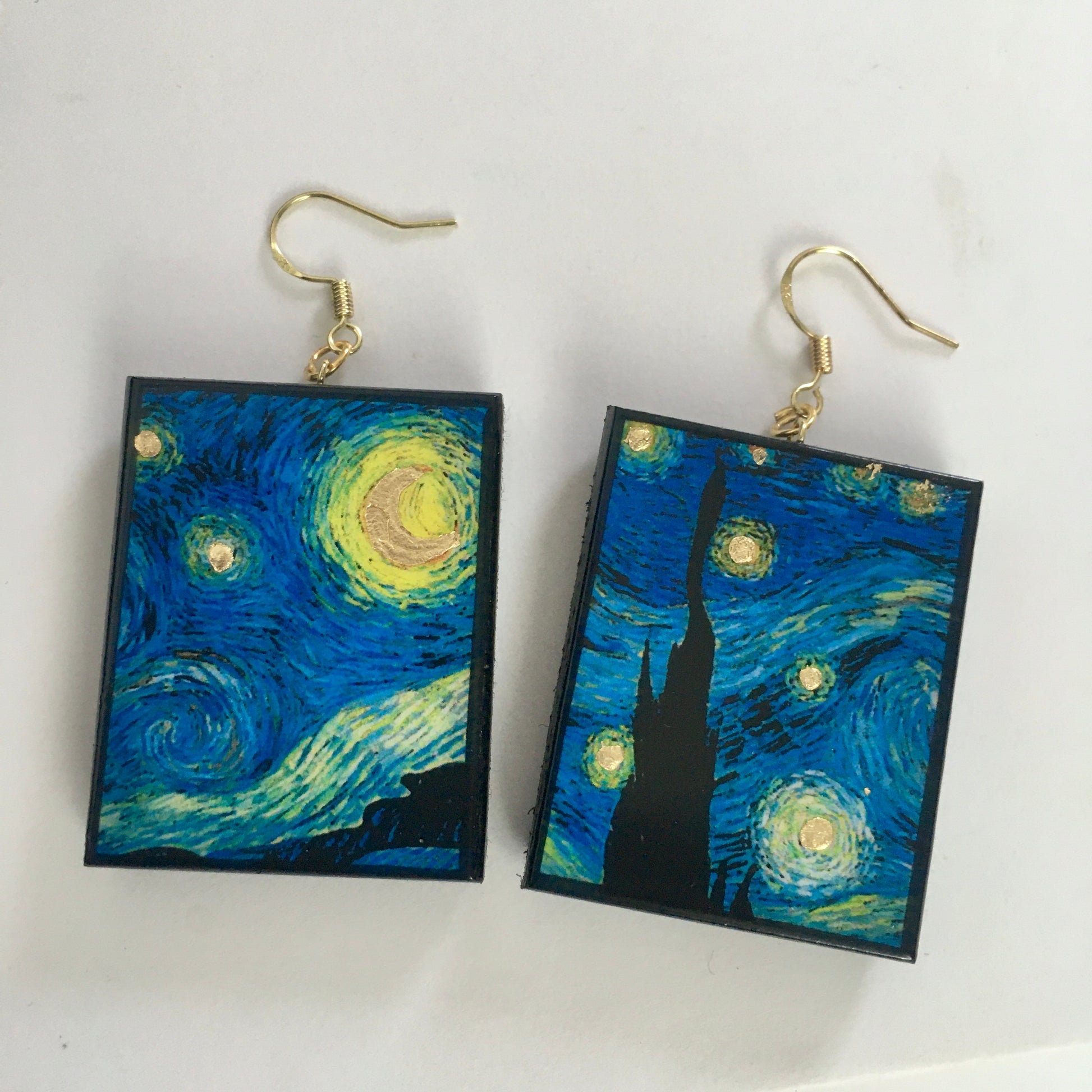 Museum-Inspired Sustainable Earrings Van Gogh Golden Details Art Earrings. Sustainable wood and sterling silver. Obljewellery