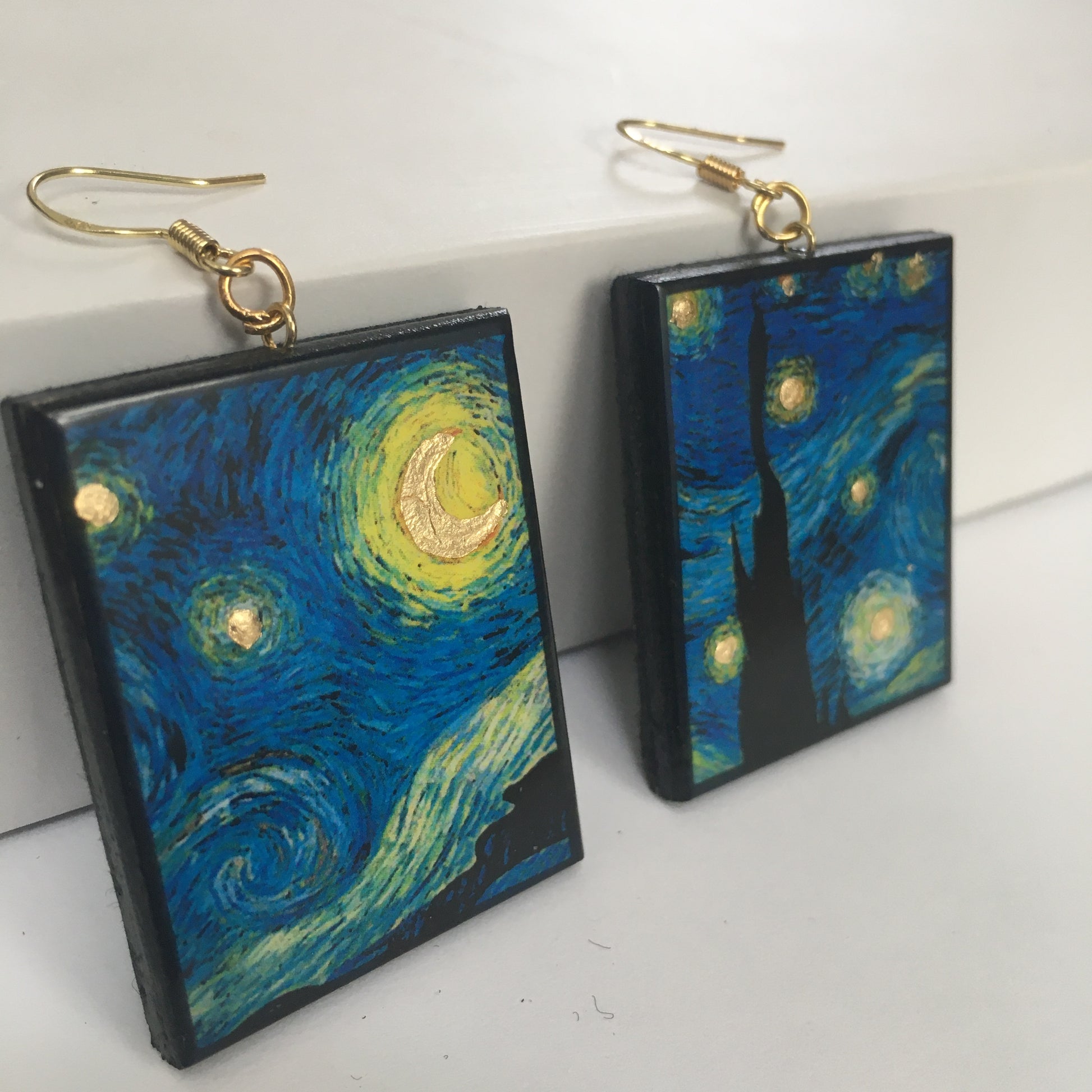 Museum-Inspired Sustainable Earrings Van Gogh Golden Details Art Earrings. Sustainable wood and sterling silver. Obljewellery