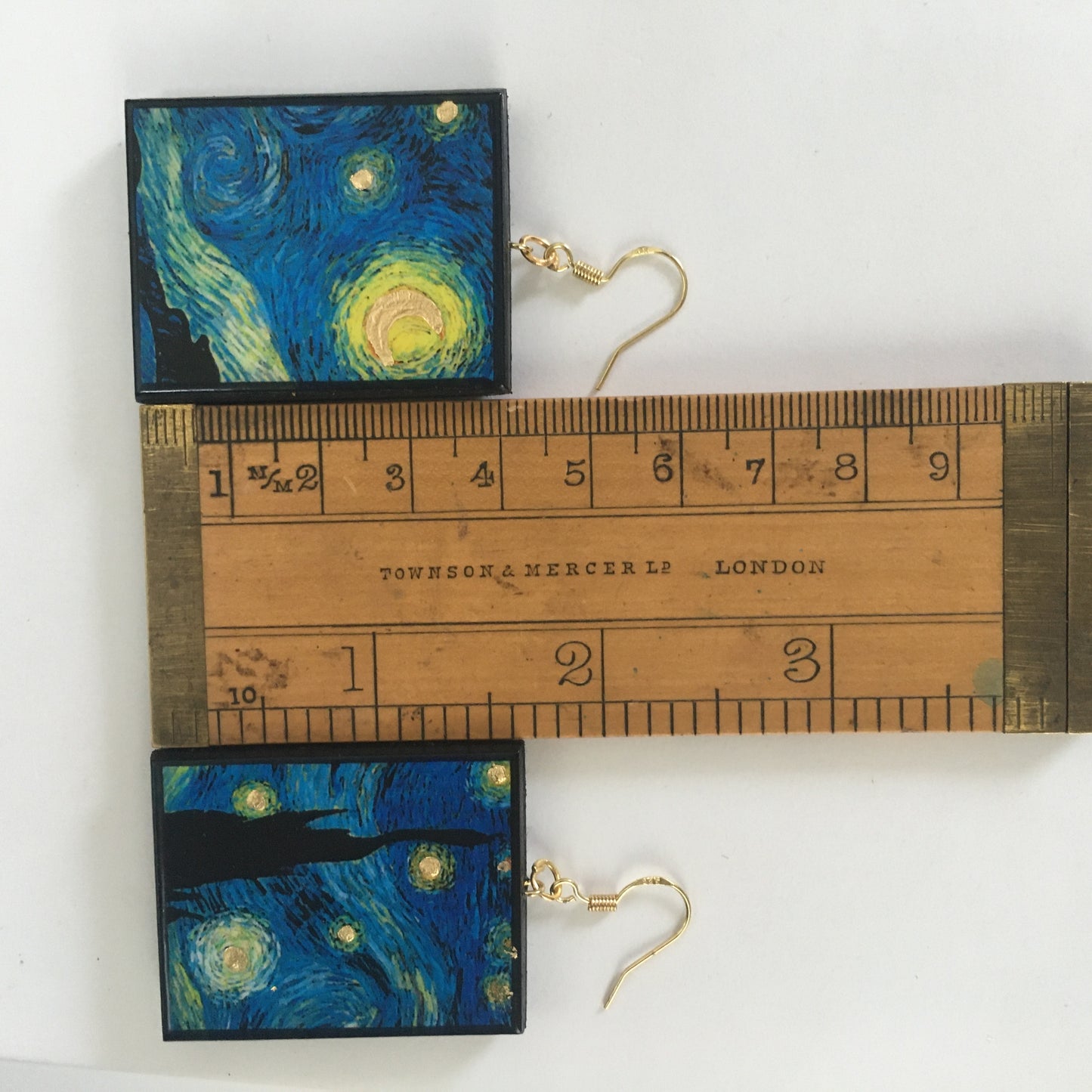 Museum-Inspired Sustainable Earrings Van Gogh Golden Details Art Earrings. Sustainable wood and sterling silver. Obljewellery