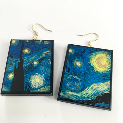 Museum-Inspired Sustainable Earrings Van Gogh Golden Details Art Earrings. Sustainable wood and sterling silver. Obljewellery
