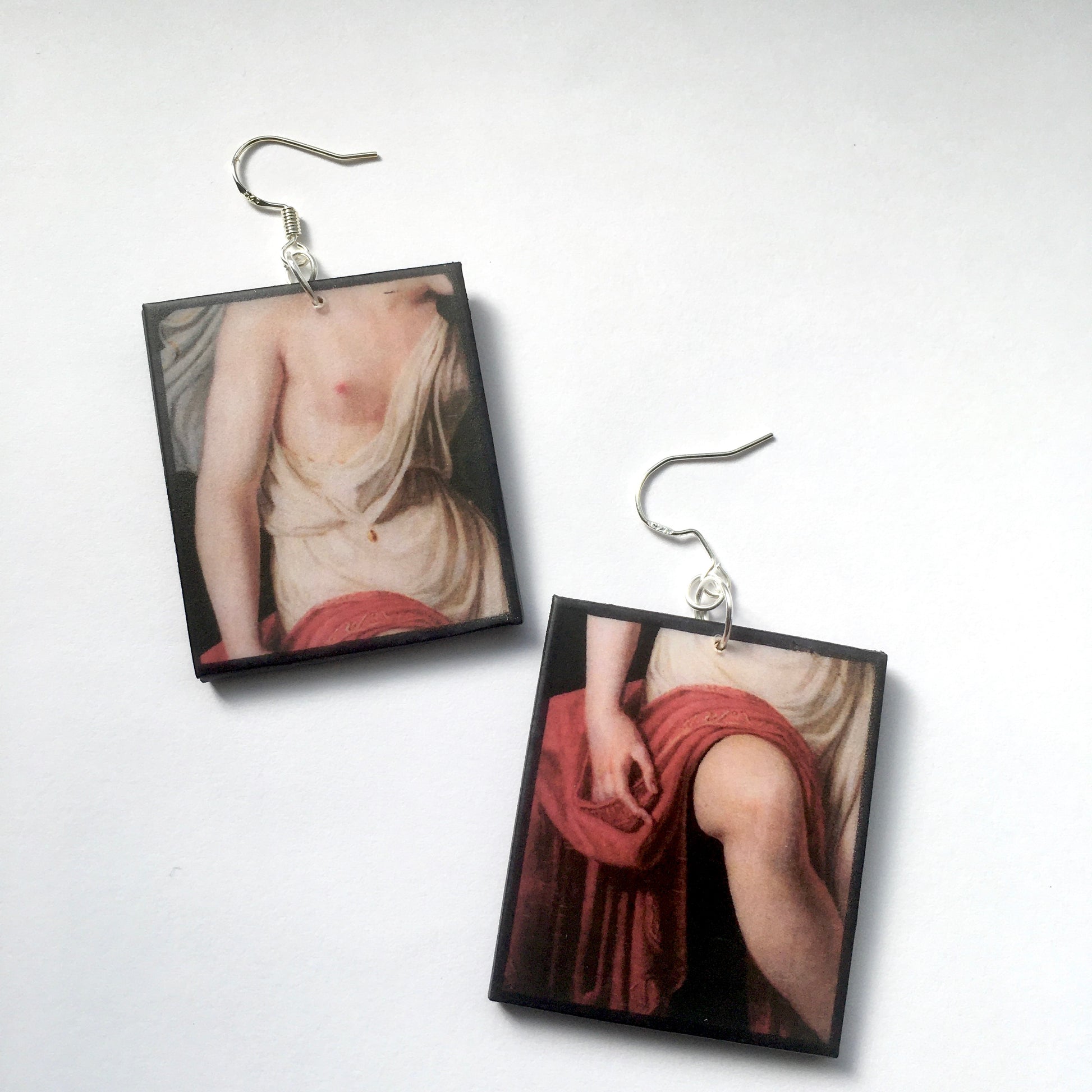 Statement, mismatched earrings with details of art from Sappho on the Leucadian Cliff, painting by French artist Pierre-Narcisse Guérin. Handmade earrings, Sapphic, mythologic gift.