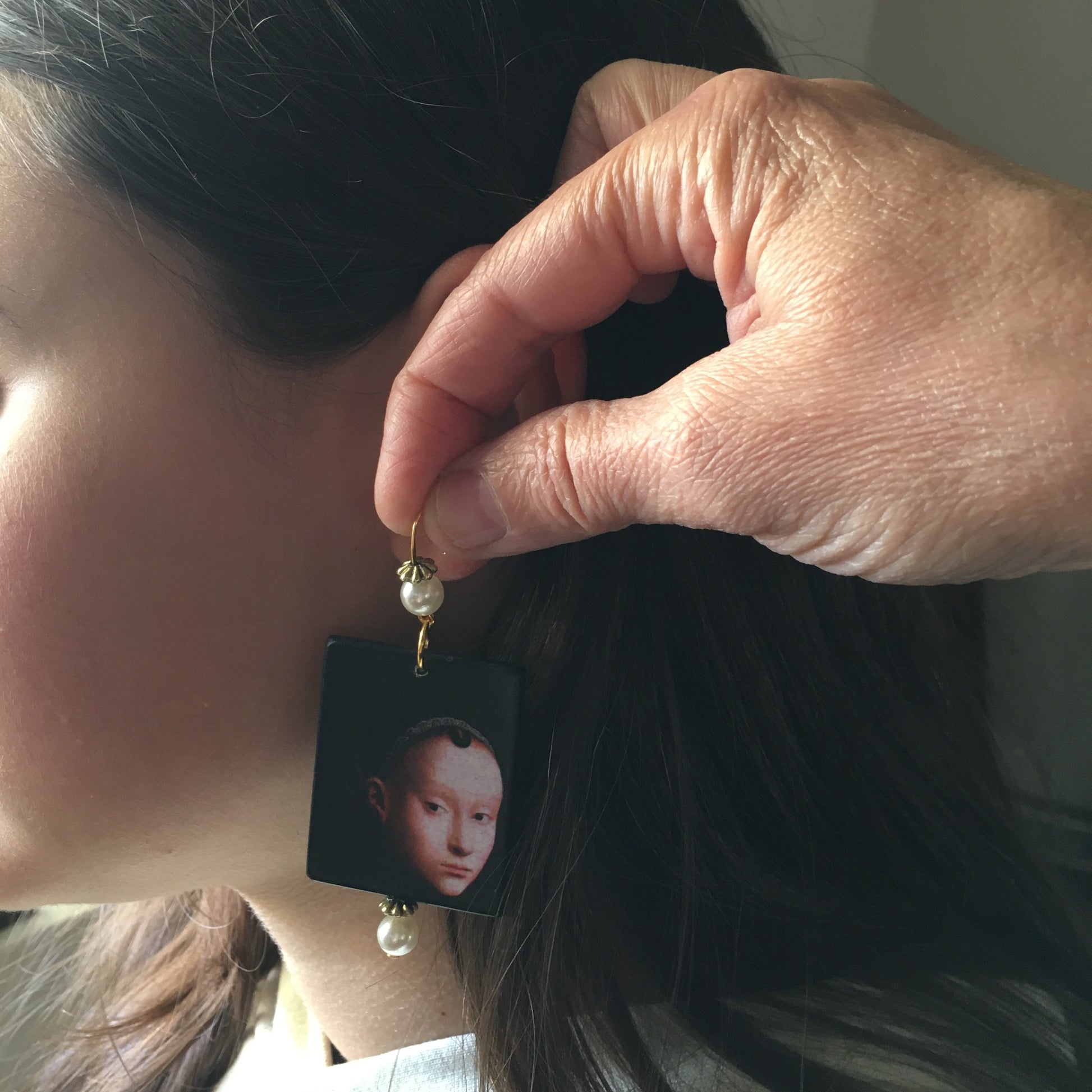 Museum-Inspired Sustainable Earrings Petrus Christus art details earrings Obljewellery