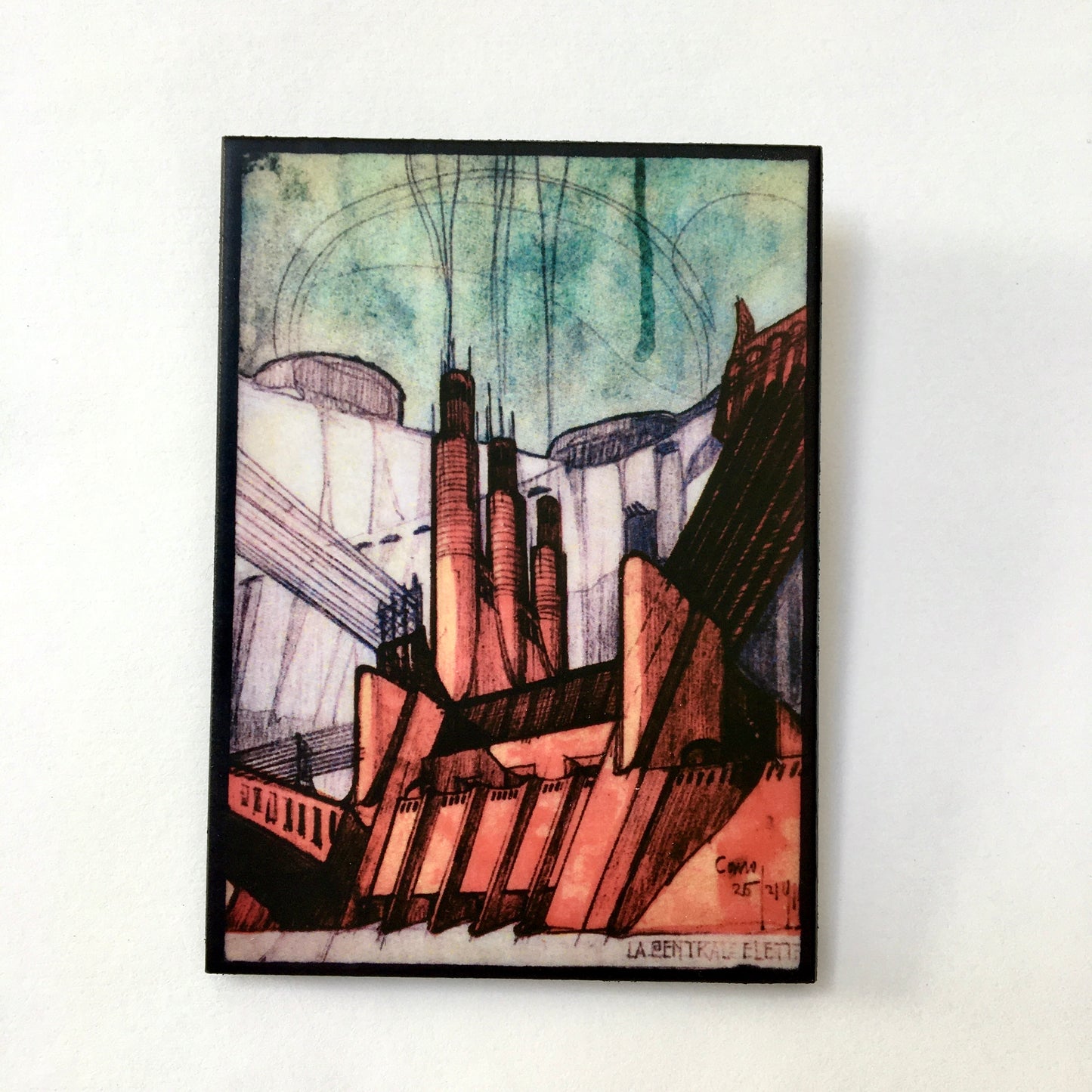 Futurist Architecture drawing by Antonio Sant’Elia, "The power station", part of the series La Città Nuova, 1914., on top of this  sustainable wood brooch designed and handmade by Obljewellery, architectural gift.
