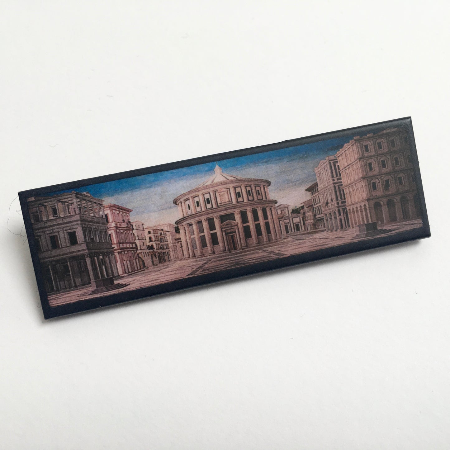 The Ideal City of Urbino art painting inspired Obljewellery to design this statement brooch handmade from sustainable wood. Aesthetic art brooch perfect artsy gift for her and him.