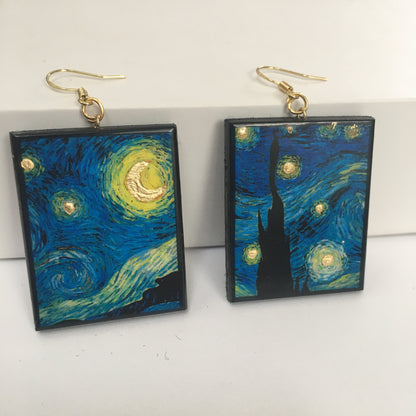 Museum-Inspired Sustainable Earrings Van Gogh Golden Details Art Earrings. Sustainable wood and sterling silver. Obljewellery