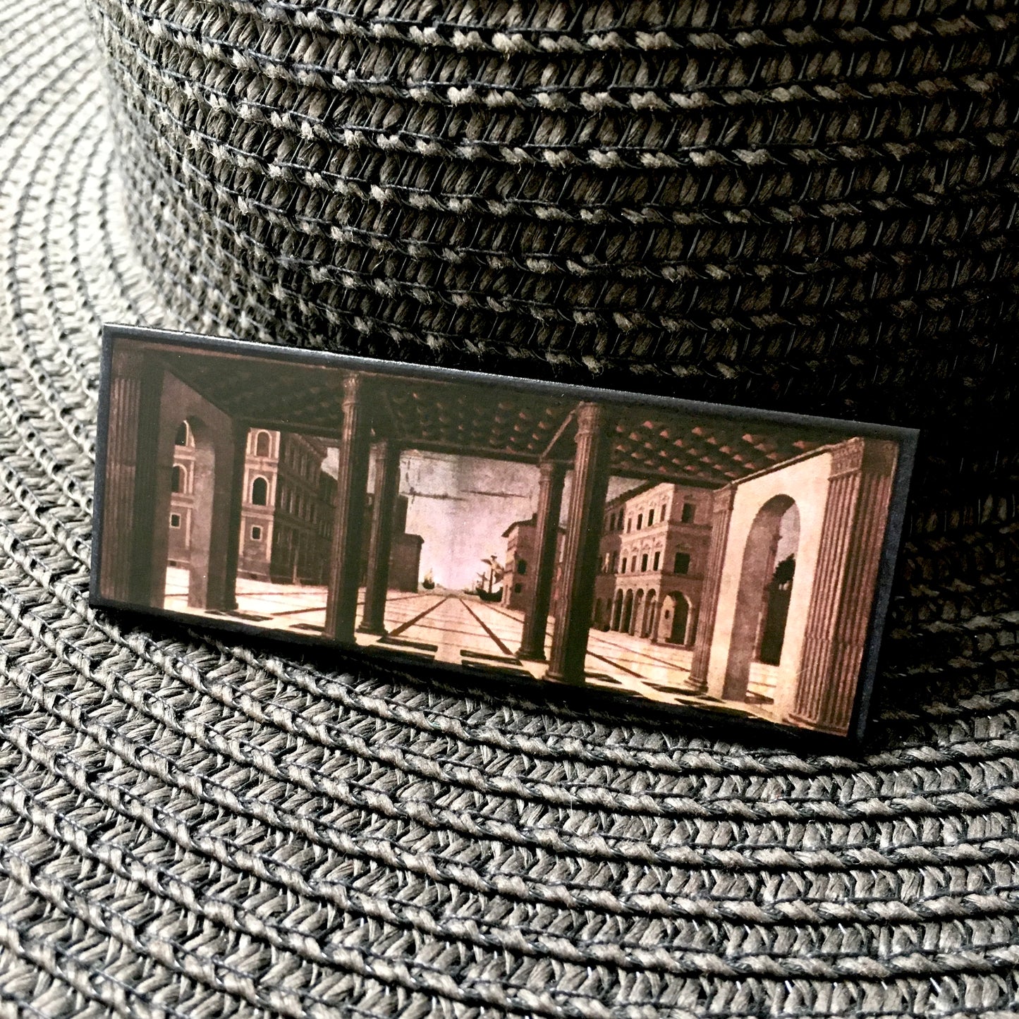The Ideal City, Berlin Renaissance art brooch on sustainable wood. Aesthetic jewellery inspired by the Italian architectonical art. Artsy gift for men and woman.