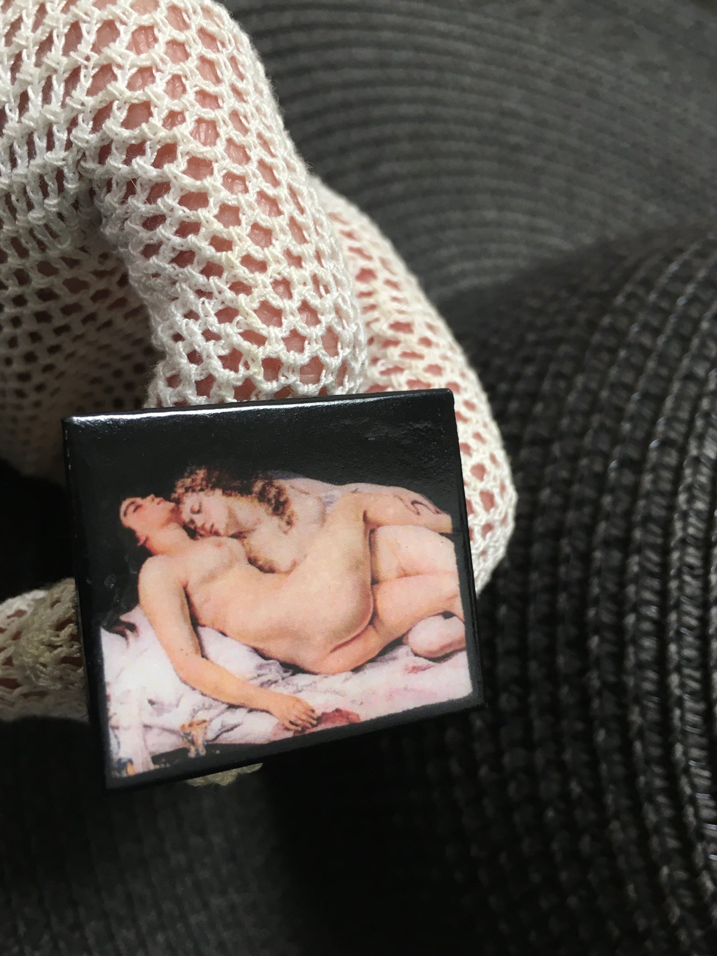 Sustainable, statement art ring inspired by Gustav Courbet and his sensual painting “Le Sommeil “ (The Sleeper). The band ring is in stainless steel and it’s adjustable. The statement part is handmade from sustainable wood. Sapphic artsy gift.