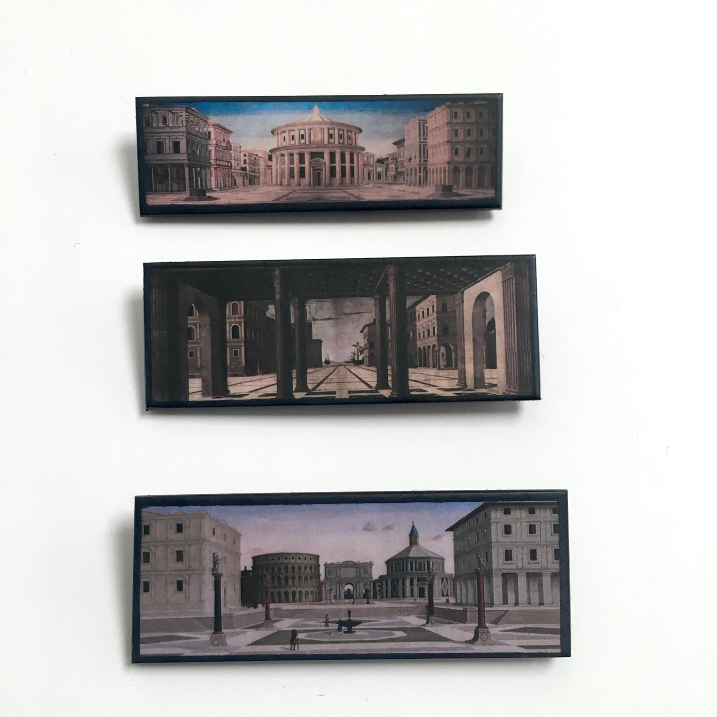 Set of three art brooches “The ideal City” prospectives of Urbino, Berlin and Baltimore. Prospective arqchitectonical paintings from Italian Reinassance. Sustainable, statement brooches handmade from wood by Obljewellery