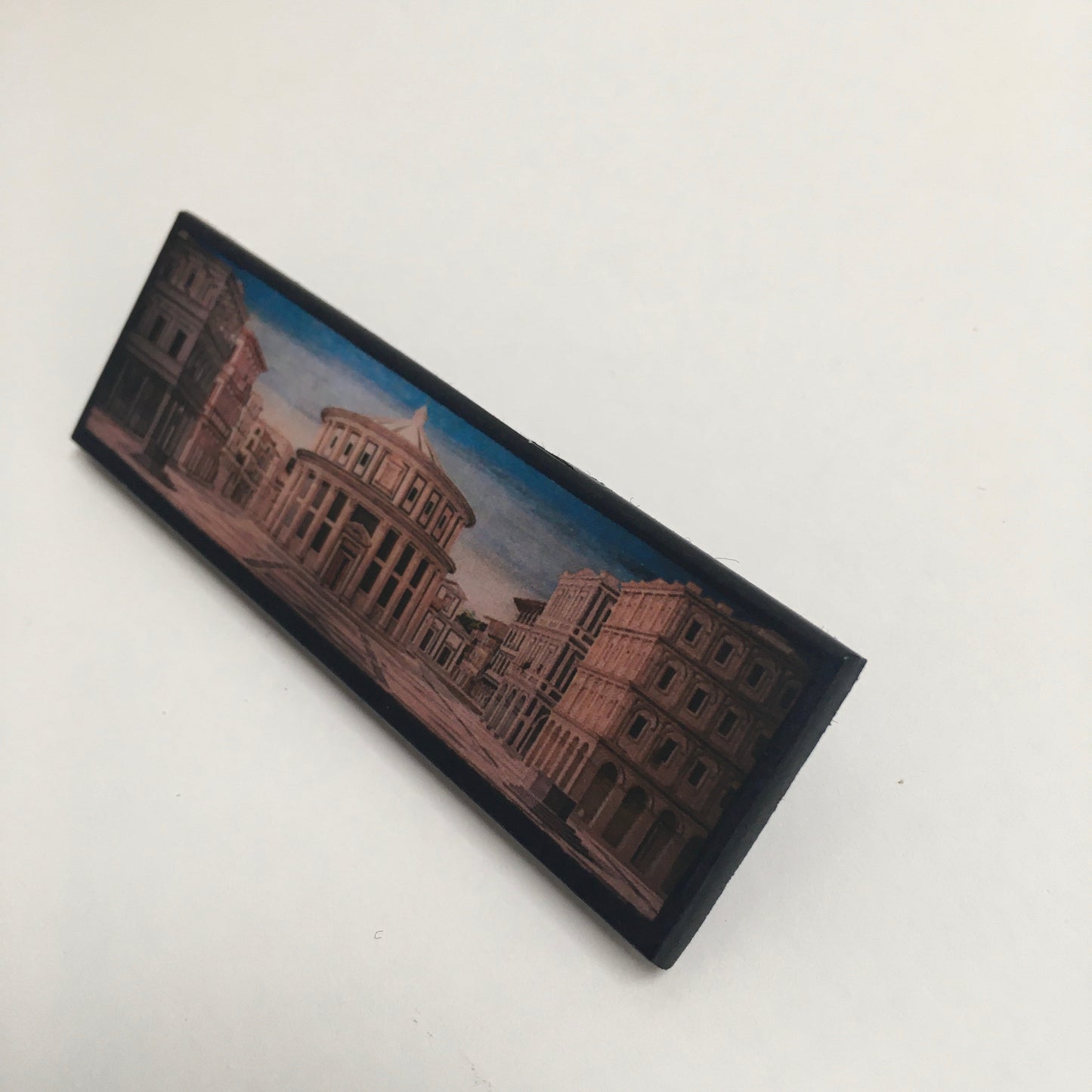 The Ideal City of Urbino art painting inspired Obljewellery to design this statement brooch handmade from sustainable wood. Aesthetic art brooch perfect artsy gift for her and him.