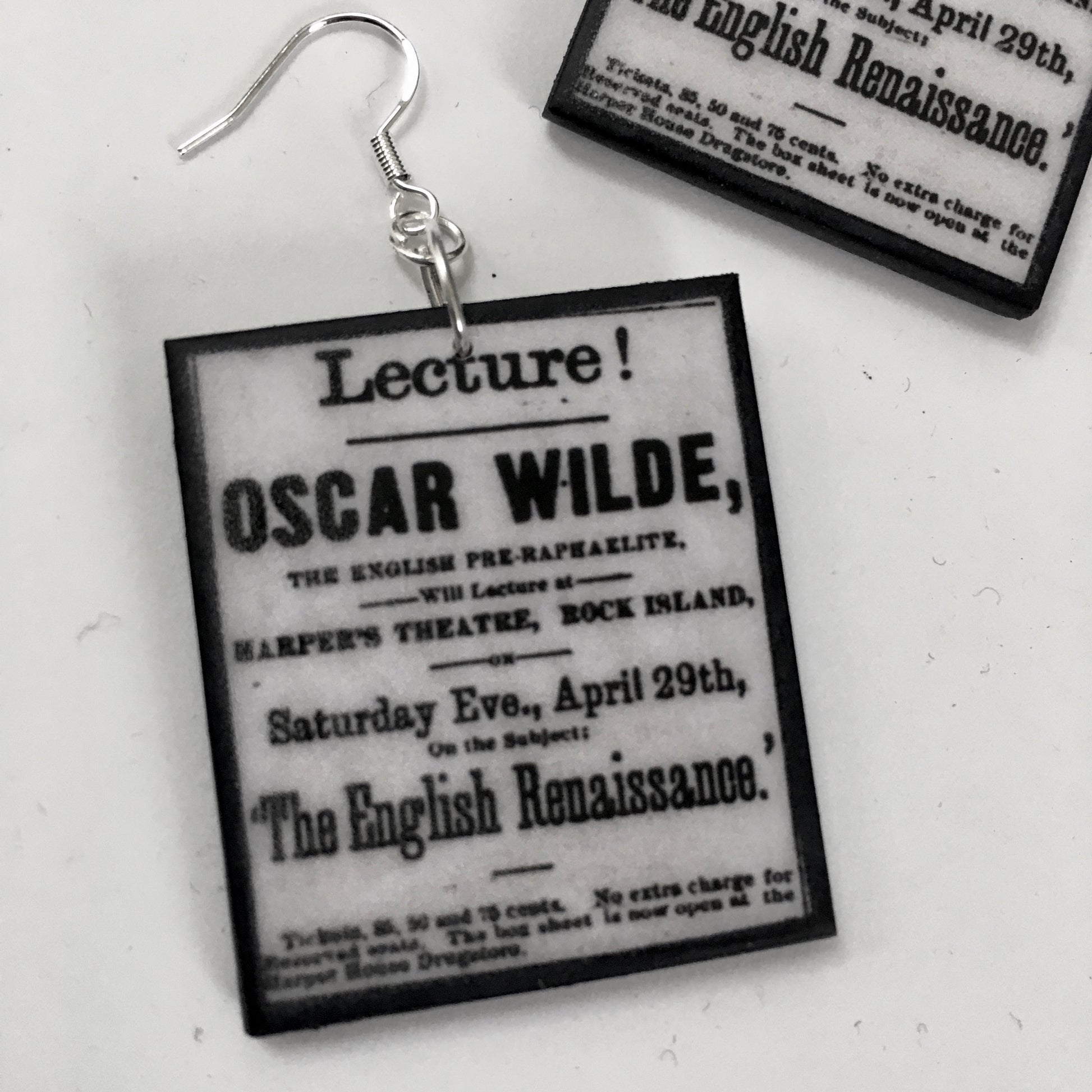 English Renaissance, Oscar Wilde Lectures, newspaper art earrings. Handmade by Obljewellery 